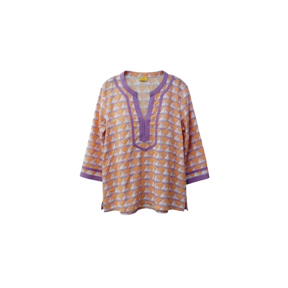 Roberta Roller Rabbit Tunic Women L Orange Purple Sailboat Print Cotton Top